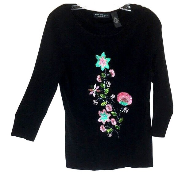 ROBBIE BEE sz M Sequin Beaded Embroidered Sparkle Stretch Colorful Knit Top - Picture 1 of 7